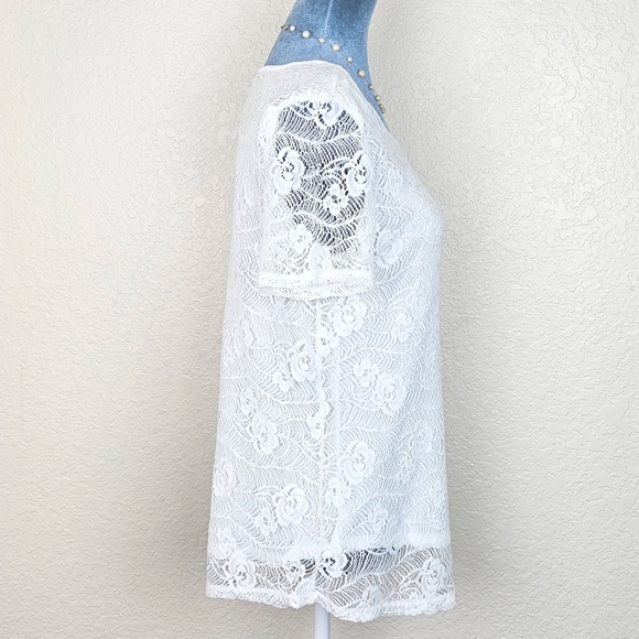 Leo & Nicole Ivory Lace Overlay Scoop Neck Short Sleeve Jersey Knit Top Womens M - Picture 2 of 7